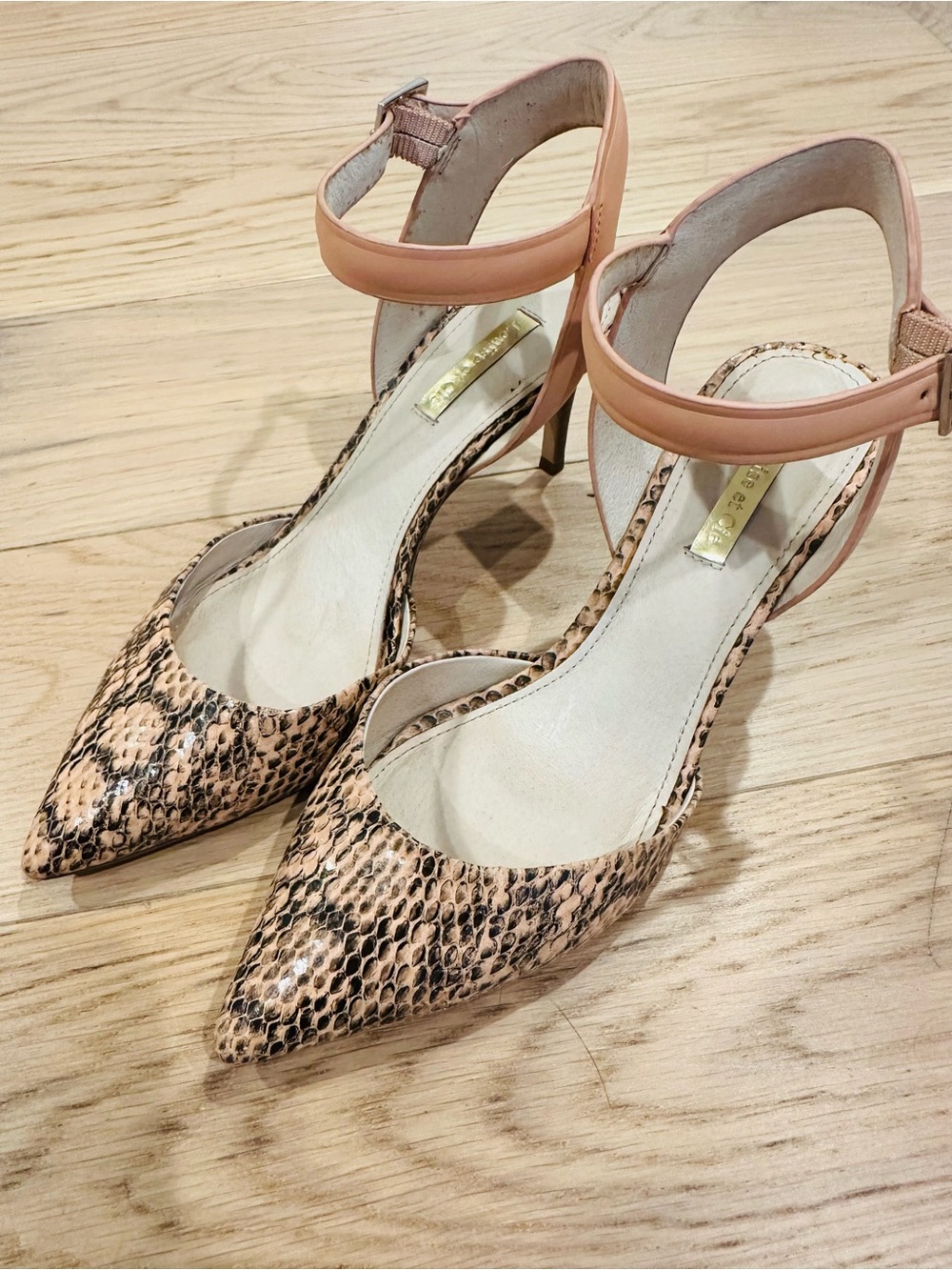 Louise et Cie Pointed Toe Ankle Strap Pumps in Blush Snake